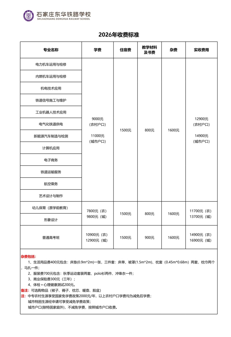 石家莊東華鐵路學(xué)校2026年秋季招生學(xué)費多少錢？有資助政策嗎？