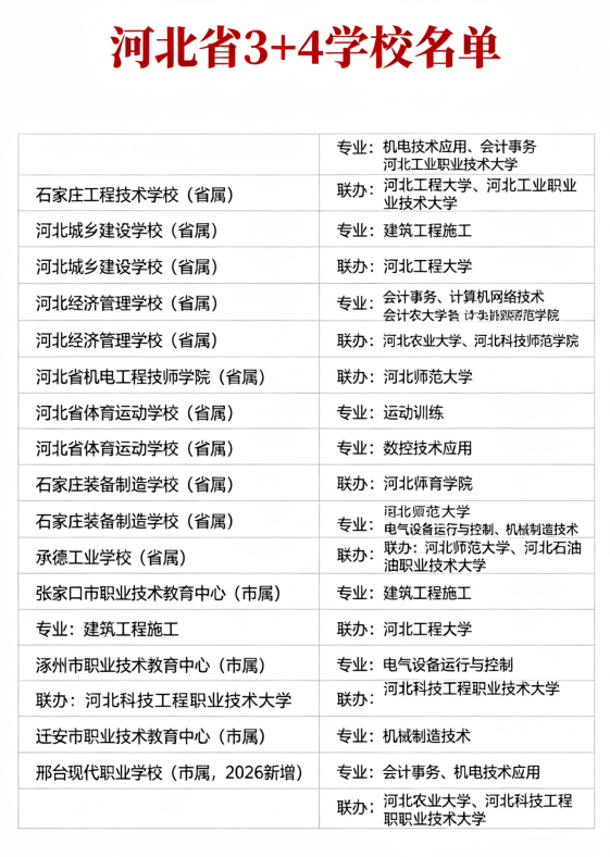 收藏｜2026 河北 “3+4” 貫通培養(yǎng)院校 + 專業(yè) + 聯(lián)辦本科匯總
